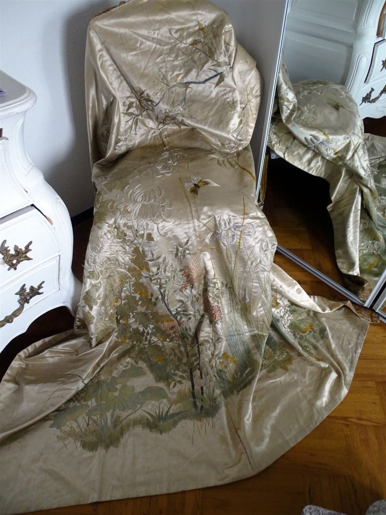 Ancienne Tenture Murale Broderie Jacobéenne - Fleurs - Aiguille Paragon - Occasion